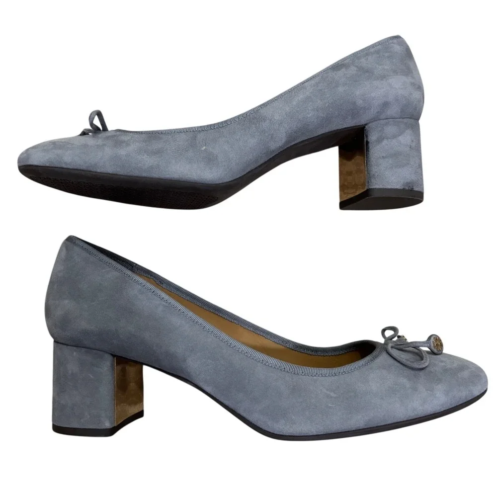 Tory Burch Laila Driver Pumps Gray Suede Gold Logo Block‎ Heel Round Toe sz 11
